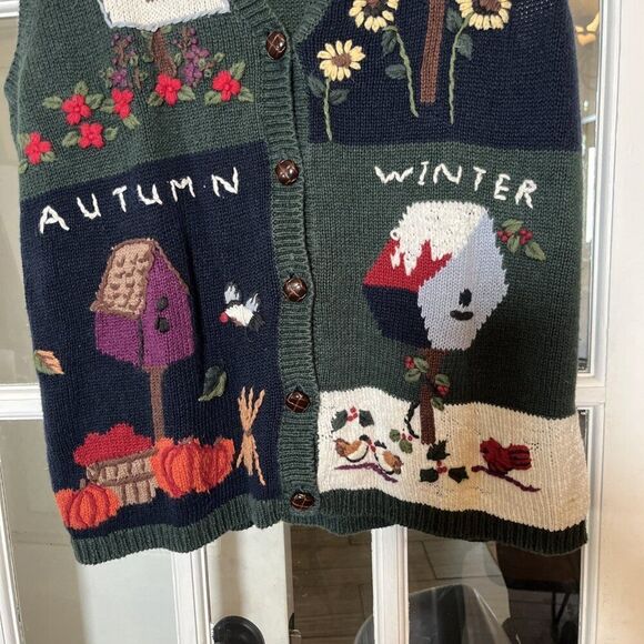Vintage New Look Sweater Vest Bird House M Embroidered Blue Cottage Core Granny - Picture 3 of 12